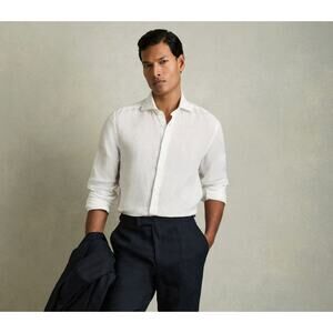 Reiss Ruban Linen Cutaway Collar Regular Fit Shirt in White Size M New